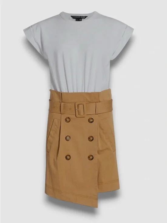 Veronica Beard Melany Mixed Media White and Tan High-Waist Belted Mini Dress - Picture 5 of 13